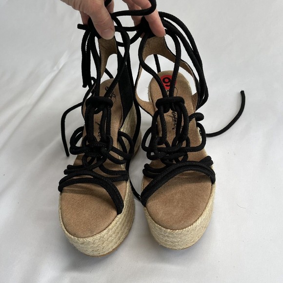 Free People Sandal Platform Wedge Espadrille 6 / 36 Black Suede Strappy Wrap Up - Picture 2 of 15